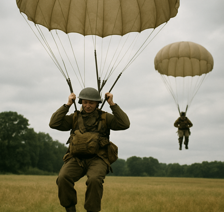 Parachutisten Kleur Twee parachutisten landen in een veld onder een bewolkte lucht.